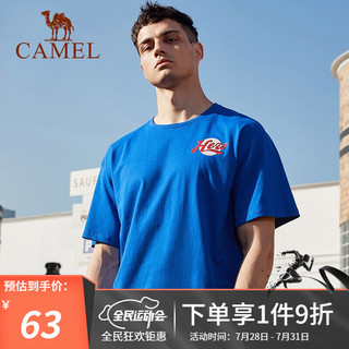 CAMEL 骆驼 短袖男 潮牌宽松半袖打底衫男士上衣潮牌纯棉T恤 3656，陶瓷蓝，男 XXL