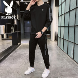 PLAYBOY 花花公子 卫衣套装男2021秋季韩版男士套装长袖男装潮流圆领卫衣休闲裤两件套 黑色 M