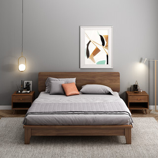 盟扬 金丝胡桃木实木床主卧双人床现代轻奢ins家具 单床 1.5米 x 2.0米 框架结构