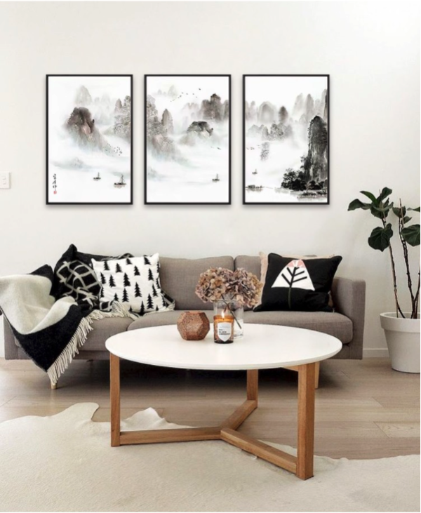 尚得堂手绘国画新中式现代客厅山水画4060cm3玄关水墨装饰画竖版三联