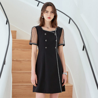 夏季网纱袖假两件连衣裙2021新款女衣香丽影时尚气质A字裙 XL 黑色