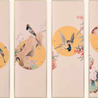尚得堂 手绘国画 春色四屏 40×120cm×4 新中式现代客厅背景 装饰画卧室花鸟挂画
