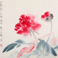 朶雲軒 贺天健 花鸟图案装饰画《牡丹》画芯约32x30cm 宣纸 木版水印画