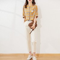 【两件套】21夏季新款格纹棉衬衫短袖T恤+休闲九分裤女式套装 XL 黄色