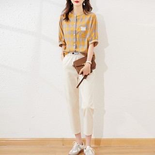 【两件套】21夏季新款格纹棉衬衫短袖T恤+休闲九分裤女式套装 L 黄色