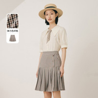 夏季特卖A字半身百褶短裙女款装饰纽扣松紧腰格纹复古裙子 M 朱红色