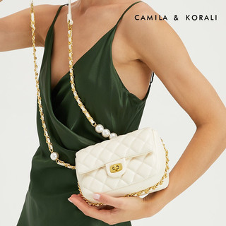 CAMILA&KORALI品牌2021新款包包女包单肩斜挎珍珠菱格链条女士夏季女式轻奢女生小众女款潮 米白色