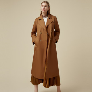 【100%棉】潮流时尚双排扣长款外套女式风衣 L 茶褐色