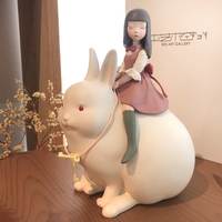 Ben Art Gallery 本艺术空间 贾晓鸥 小女孩萌系艺术摆件《白夜童话系列之月光兔》19×14x11cm 食品级氯乙烯树脂 净重0.75kg