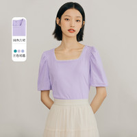 夏季特卖女法式复古方领设计短款浪漫泡泡袖显瘦短袖T恤女 S 绛紫色