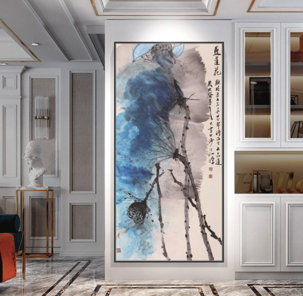 轩色手绘玄关装饰画A款50×100cm 新中式单幅原创竖版荷花抽象油画创意