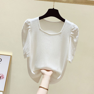 泡泡袖修身短袖针织T恤女拉夏贝尔旗下2021夏季短袖休闲上衣 M 白色