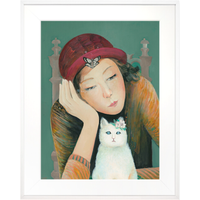 本艺术空间 武惠玲 抽象人物油画《女孩与猫之三》40x50cm 水彩纸 白色画框