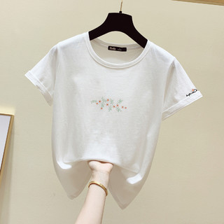 圆领刺绣宽松韩版女式T恤拉夏贝尔旗下2021夏季纯棉百搭上衣 L 白色