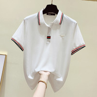 撞色设计Polo领T恤女拉夏贝尔旗下2021夏季休闲弹力上衣 L 白色