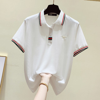 撞色设计Polo领T恤女拉夏贝尔旗下2021夏季休闲弹力上衣 M 白色