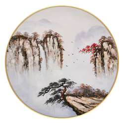 轩色 手绘油画 A款 50×50cm 新中式玄关装饰画 圆形挂画 山水禅意油画 风景壁画