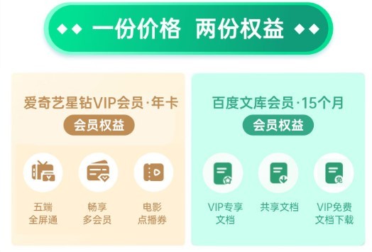 爱奇艺VIP会员星钻年卡+百度文库会员15个月