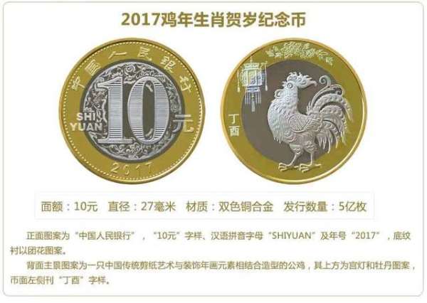 2017鸡年生肖纪念币1枚 27mm 双色铜合金 面值10元