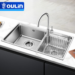 OULIN 欧琳 304不锈钢洗碗盆洗菜池 加厚水槽双槽套餐 含龙头仿手工水槽YG203-A