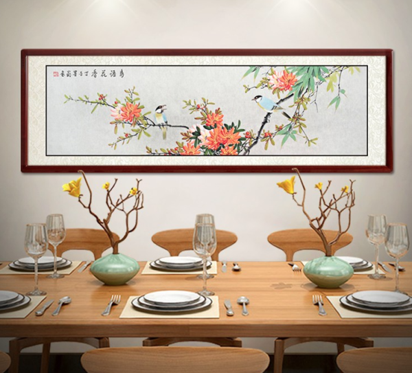 尚得堂 墨翁 花鸟水墨画《鸟语花香》装裱135x45cm 宣纸 沙比利实木框