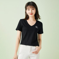 【纯棉舒适】拉夏贝尔旗下2021夏季新款V领女式短袖t恤 S 黑色