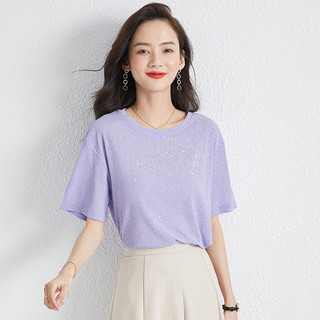 【闪亮星空装饰】2021夏季新款短袖T恤女 薄款清凉女式T恤 L 紫色