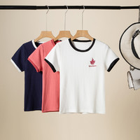 拉夏贝尔旗下2021夏季撞色圆领枫叶刺绣短袖T恤女显瘦针织衫 M 深红