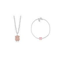 TOUS 桃丝熊 Icon Color系列 ZB001 小熊925银粉色石英项链 45cm+小熊925银粉色石英手链 17.5cm