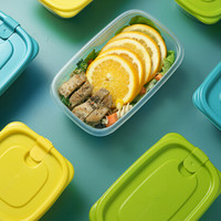 CHAHUA 茶花 贝格保鲜盒塑料冰箱保鲜盒家用水果蔬菜收纳盒微波炉饭盒 蓝色3个装-460ML正方形