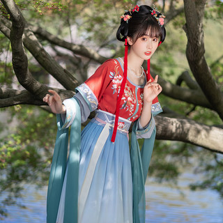 池夏 改良 唐制汉服 南风有信:玉妍 女士坦领半臂短衫褶裙 S1855 红蓝 M