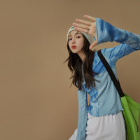 QIGEGE 七格格 扎染酷妹t恤女2021夏季新款木耳边设计早秋长袖小上衣 蓝色