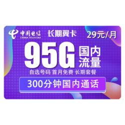 CHINA TELECOM 中国电信 流量卡长期翼卡 每月29包95G全国流量+300分钟 永久套餐全国可用