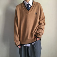 Anzmo贩卖元气 jk制服 無花中 刺绣套头V领毛衣 驼色