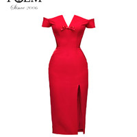 POEM泰国品牌2021夏季新款连衣裙一字肩v领女包臀裙礼服收腰气质 红色 34
