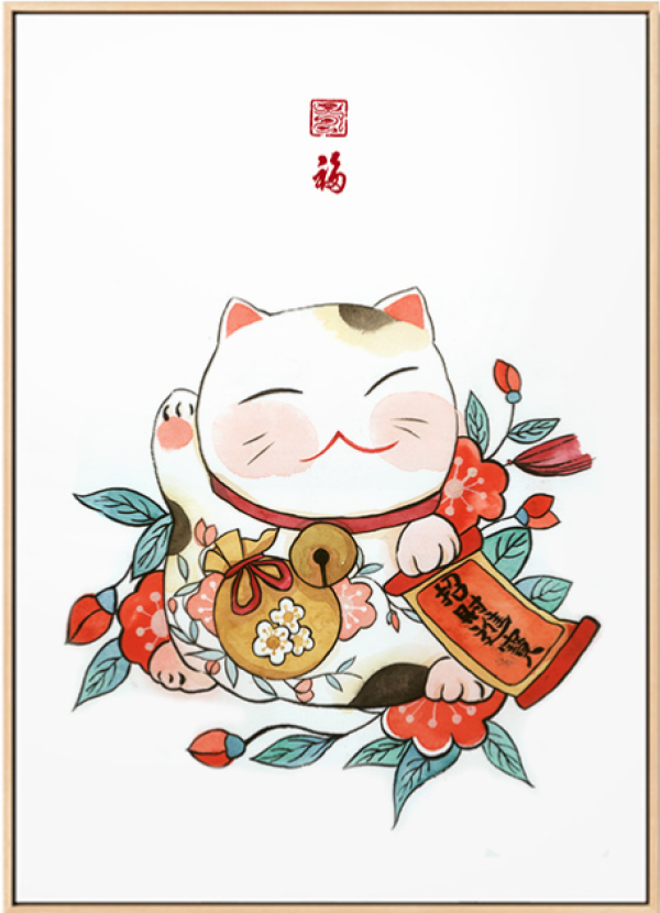 海龙红招财猫猪年画中国风客厅装饰画a财到43x60cm油画布原木色外框