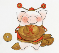 海龙红 招财猫猪年画 中国风客厅装饰画《A-财到》43x60cm 油画布 原木色外框