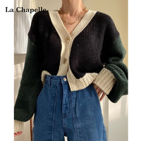 La Chapelle 拉夏贝尔 chic秋冬拼接撞色宽松短款灯笼袖开衫针织毛衣