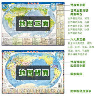 共2张迷你版 2021版中国世界套装地图全新版政区和地形地图二合一小号型便携带中小学生地理学习桌面速查高清地图中国地形塑料地图