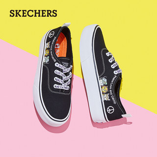 SKECHERS 斯凯奇 Skechers斯凯奇女鞋俏皮卡通图案板鞋 字母印花绑带帆布鞋33280 黑色/BLK 37