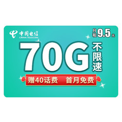 CHINA TELECOM 中国电信 电信流量卡4g电话卡上网卡无限纯流量手机卡不限速电信大流量卡大王卡 流星卡9.5（70G流量+300通话）首月免费