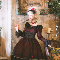 圆点点小姐 Lolita洛丽塔 华丽系 夕暮少女 女士OP有袖连衣裙 黑红色 S