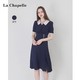 La Chapelle 拉夏贝尔 a字裙2021夏季甜蜜约会开叉娃娃领拼接暗蓝色连衣裙显瘦
