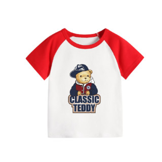 Classic Teddy 精典泰迪 儿童短袖T恤 棒球帽子熊 大红色 100cm