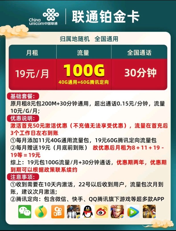 China unicom 中国联通 铂金卡 19元月租 5G流量卡（40G通用+60G定向流量）