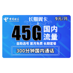 CHINA TELECOM 中国电信 长期翼卡 9元/月（45G全国流量+300分钟通话）