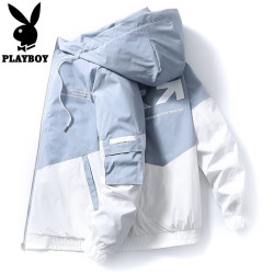 PLAYBOY 花花公子 夹克男潮牌秋冬装青少年学生男生服饰外套男 浅蓝米白 2XL