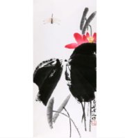 朶雲軒 齐白石 花鸟图案木版水印画《荷花蜻蜓》画芯尺寸约33x72cm 宣纸