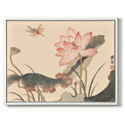 上品印画 新中式餐桌客厅餐厅花卉挂画《荷花和蜻蜓》30×40cm 油画布 细边白色框