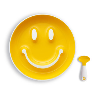 Munchkin满趣健 笑脸盘宝宝自主进食辅食盘吸盘碗辅食勺左右手训练勺儿童餐具套组 黄色